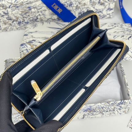 DIOR 25S LONG ZIPPER WALLET 19 IN BLUE OBLIQUE JACQUARD CANVAS