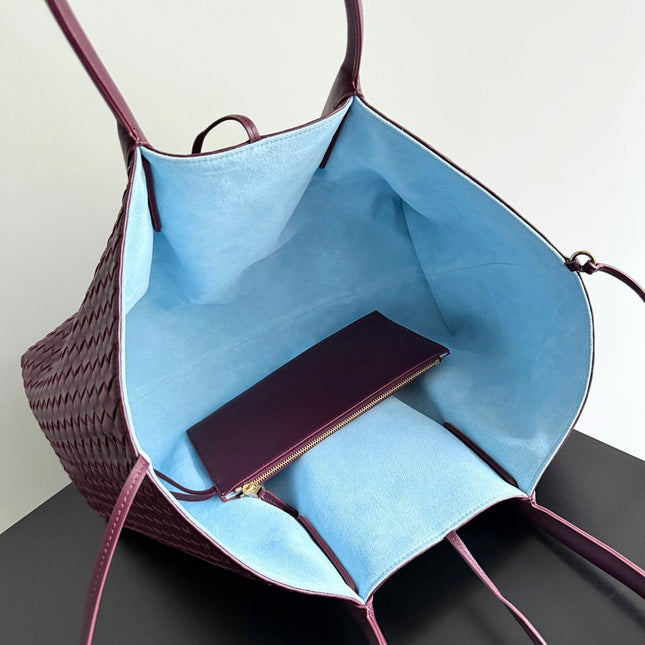 PINACOTECA REVERSIBLE TOTE BAG 43 IN MADDER BROWN LAMBSKIN AND LIGHT BLUE SUEDE