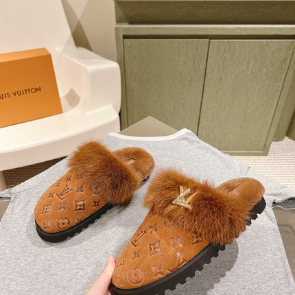 COSY FLAT COMFORT CLOG IN BRONZE BROWN MONOGRAM LAMB WOOL AND MINK FUR