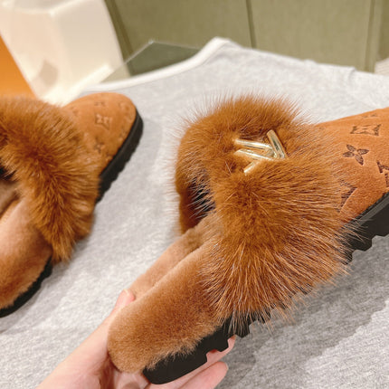 COSY FLAT COMFORT CLOG IN BRONZE BROWN MONOGRAM LAMB WOOL AND MINK FUR