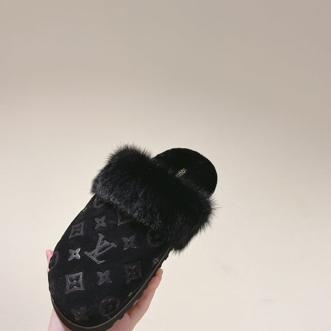 COSY FLAT COMFORT CLOG IN BLACK MONOGRAM LAMB WOOL AND MINK FUR