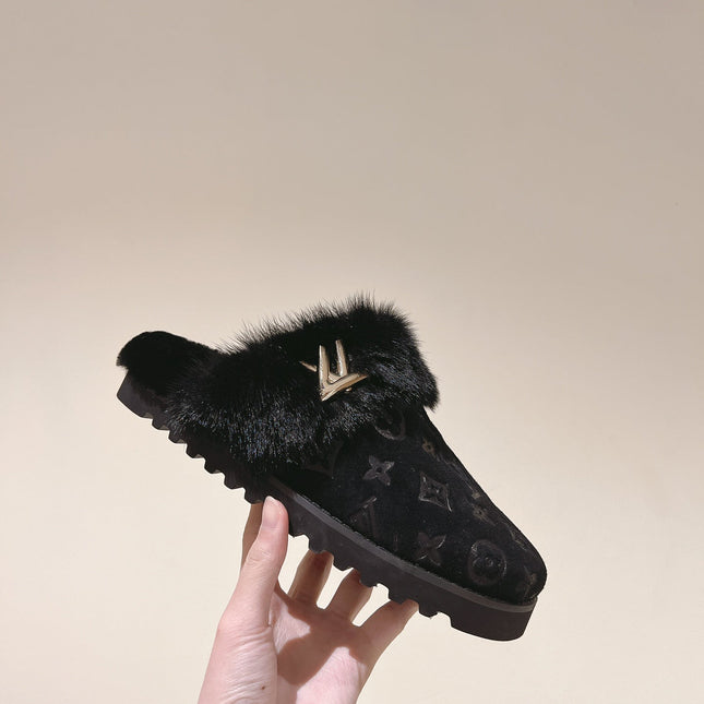 COSY FLAT COMFORT CLOG IN BLACK MONOGRAM LAMB WOOL AND MINK FUR