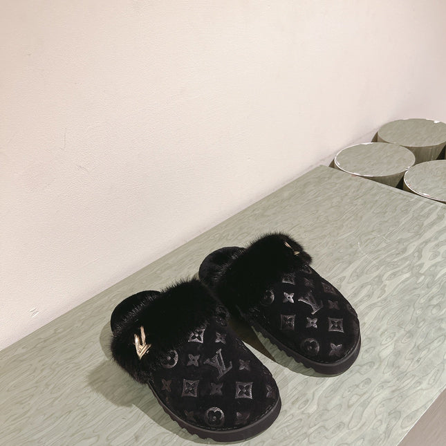 COSY FLAT COMFORT CLOG IN BLACK MONOGRAM LAMB WOOL AND MINK FUR