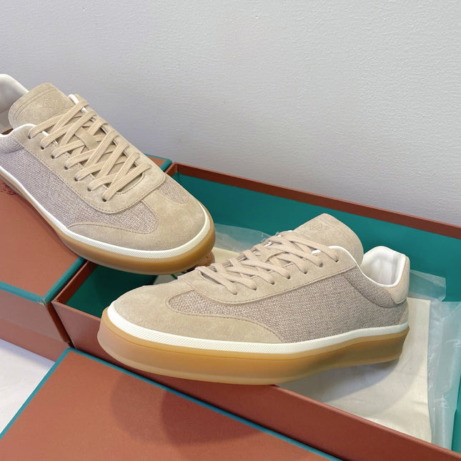 SNEAKERS IN LIGHT BEIGE SUEDUE WITH CANVAS