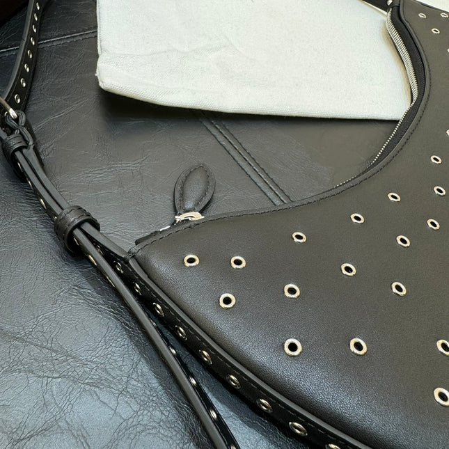 ONE PIECE DEMI LUNE BAG 31 IN BLACK SHEEPSKIN EYELET DETAILING