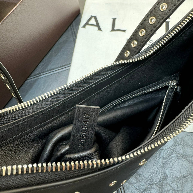 ONE PIECE DEMI LUNE BAG 31 IN BLACK SHEEPSKIN EYELET DETAILING
