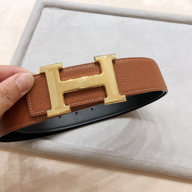 HM H D'ANCRE BELT BUCKLE & REVERSIBLE BRONZE BROWN LEATHER STRAP 38 MM GOLD HARDWARE