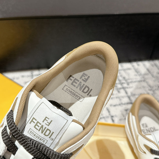 FENDI MATCH LOW-TOPS IN DARK TAN MIX WHITE CALFSKIN
