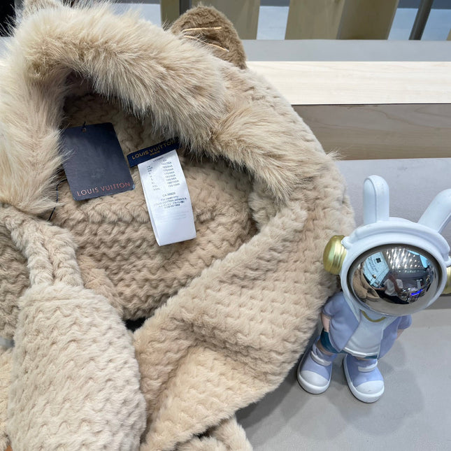 BEANIE HAT IN COSMIC LATTE BEIGE  WOOL AND LAMB FUR 435073