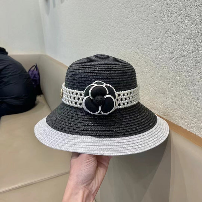 STRAW BUCKET HAT BLACK WITH PEARLS 672762