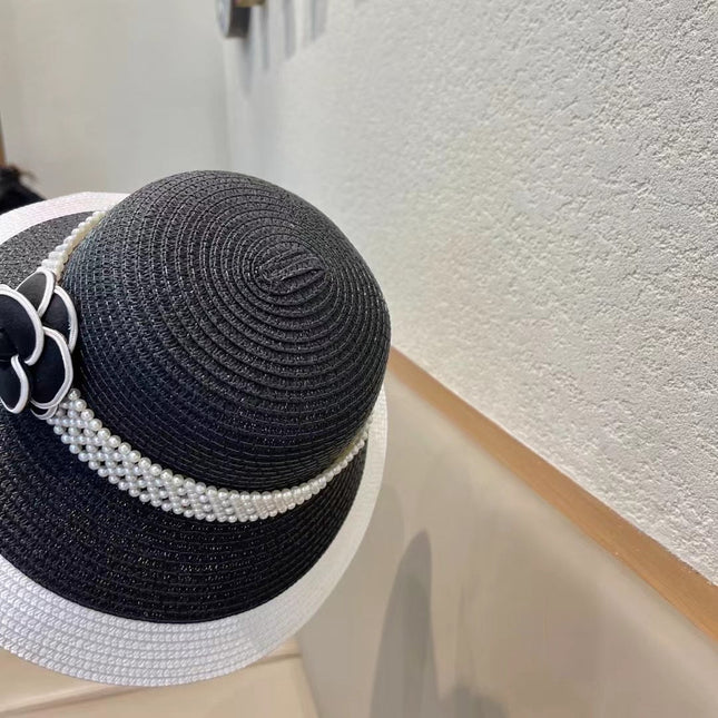 STRAW BUCKET HAT BLACK WITH PEARLS 672762