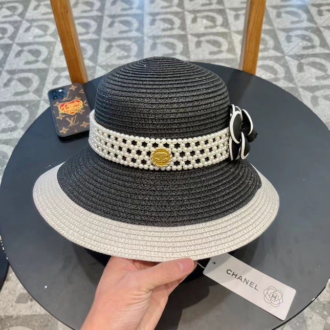 STRAW BUCKET HAT BLACK WITH PEARLS 672762