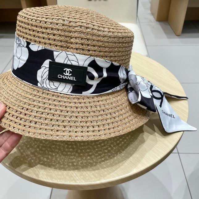 NATURAL STRAW BUCKET HAT WITH RIBBON 672771