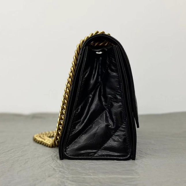 CRUSH MEDIUM CHAIN BAG 31 IN BLACK QUILTED CRUSHED CALFSKIN GOLD HARDWARE