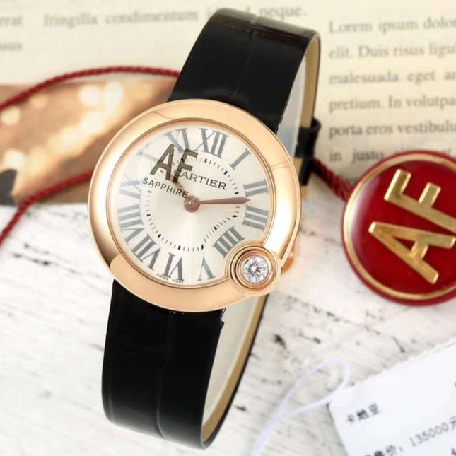 BALLON BLANC DE CARTIER WATCH GOLD CASE WITH BLACK CALFSKIN
