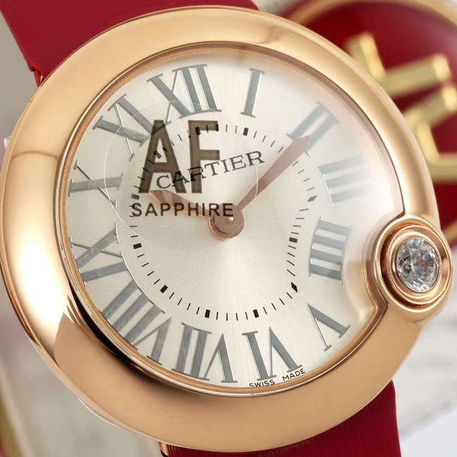 BALLON BLANC DE CARTIER WATCH GOLD CASE WITH CHERRY RED CALFSKIN
