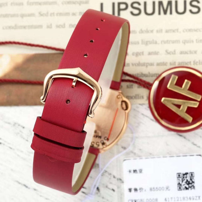BALLON BLANC DE CARTIER WATCH GOLD CASE WITH CHERRY RED CALFSKIN