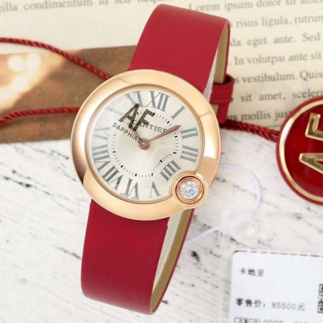 BALLON BLANC DE CARTIER WATCH GOLD CASE WITH CHERRY RED CALFSKIN