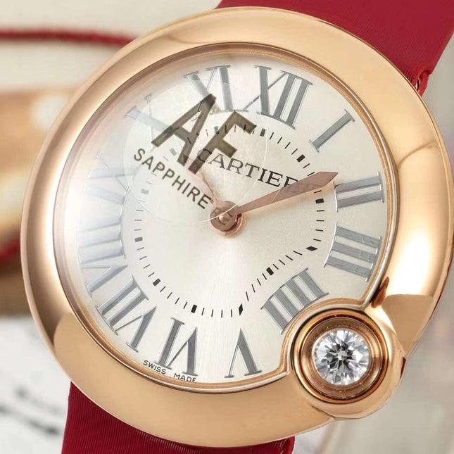 BALLON BLANC DE CARTIER WATCH GOLD CASE WITH CHERRY RED CALFSKIN