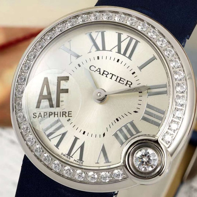 BALLON BLANC DE CARTIER WATCH GOLD CASE AND NAVY BLUE CALFSKIN WITH CRYSTALS