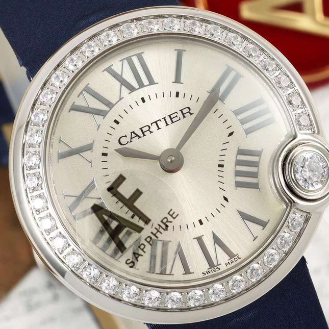 BALLON BLANC DE CARTIER WATCH GOLD CASE AND NAVY BLUE CALFSKIN WITH CRYSTALS