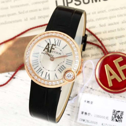 BALLON BLANC DE CARTIER WATCH GOLD CASE AND BLACK CALFSKIN WITH CRYSTALS