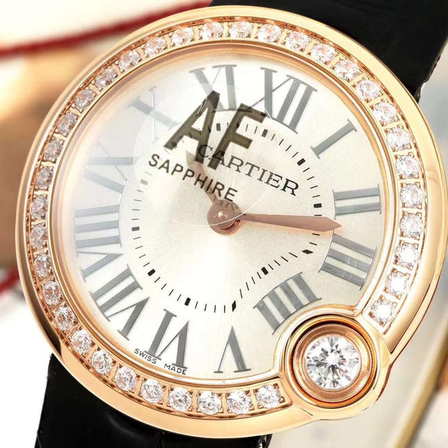 BALLON BLANC DE CARTIER WATCH GOLD CASE AND BLACK CALFSKIN WITH CRYSTALS