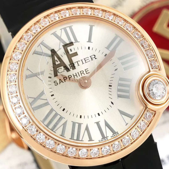 BALLON BLANC DE CARTIER WATCH GOLD CASE AND BLACK CALFSKIN WITH CRYSTALS