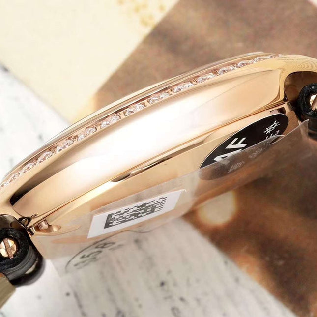 BALLON BLANC DE CARTIER WATCH GOLD CASE AND BLACK CALFSKIN WITH CRYSTALS