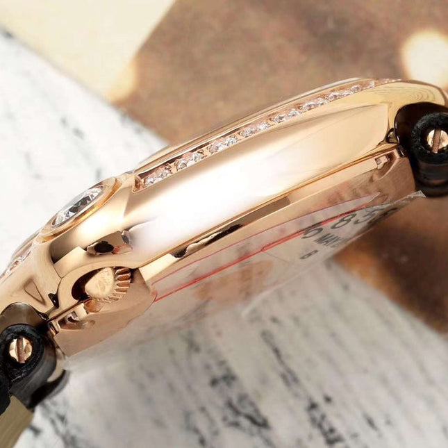 BALLON BLANC DE CARTIER WATCH GOLD CASE AND BLACK CALFSKIN WITH CRYSTALS