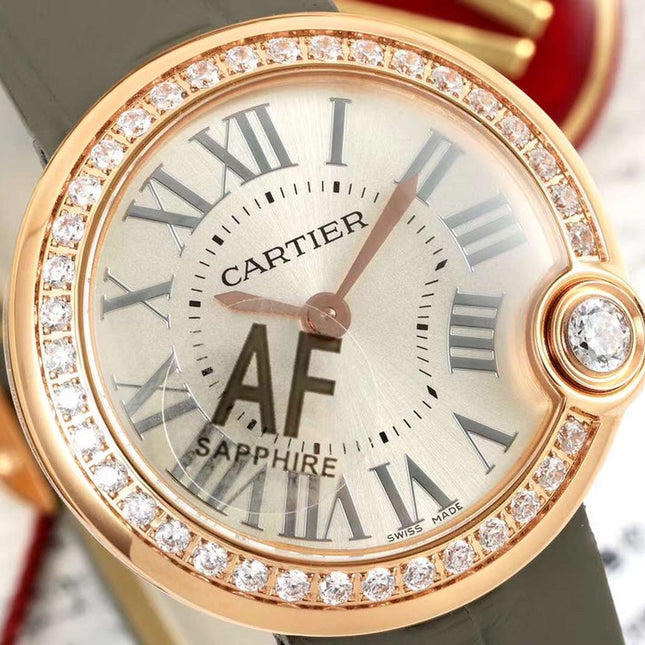 BALLON BLANC DE CARTIER WATCH GOLD CASE AND WARM GRAY CALFSKIN WITH CRYSTALS