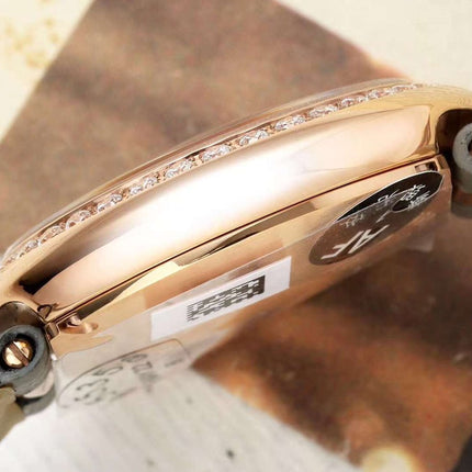 BALLON BLANC DE CARTIER WATCH GOLD CASE AND WARM GRAY CALFSKIN WITH CRYSTALS