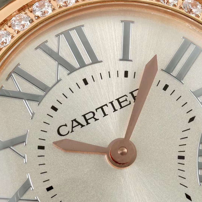 BALLON BLANC DE CARTIER WATCH GOLD CASE AND WARM GRAY CALFSKIN WITH CRYSTALS