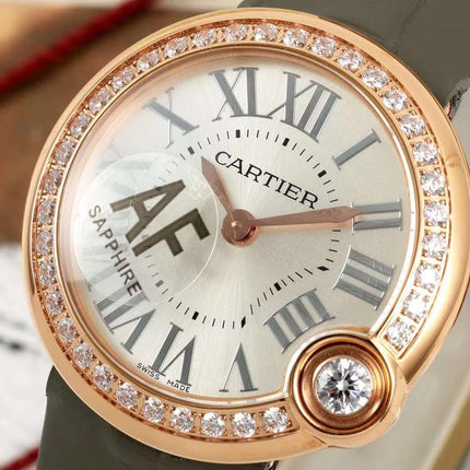 BALLON BLANC DE CARTIER WATCH GOLD CASE AND WARM GRAY CALFSKIN WITH CRYSTALS