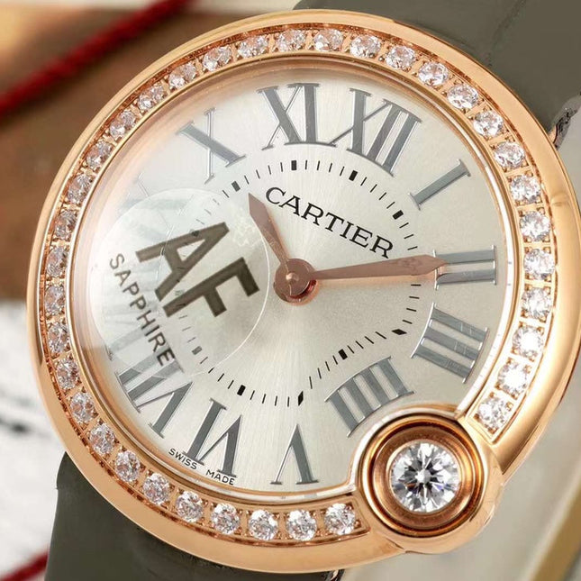 BALLON BLANC DE CARTIER WATCH GOLD CASE AND WARM GRAY CALFSKIN WITH CRYSTALS