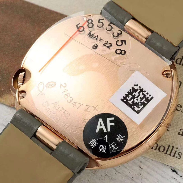 BALLON BLANC DE CARTIER WATCH GOLD CASE AND WARM GRAY CALFSKIN WITH CRYSTALS