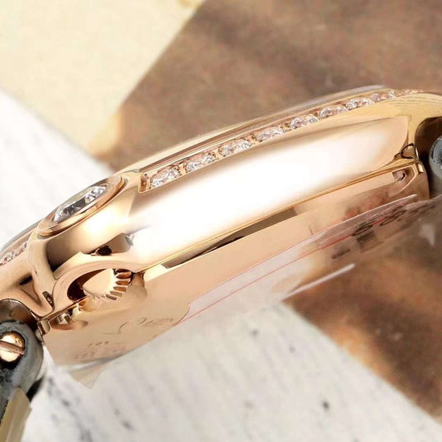 BALLON BLANC DE CARTIER WATCH GOLD CASE AND WARM GRAY CALFSKIN WITH CRYSTALS