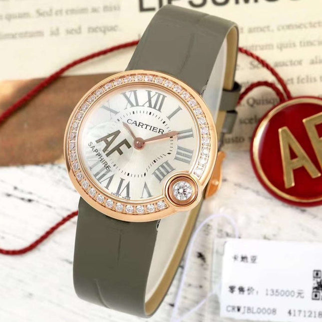 BALLON BLANC DE CARTIER WATCH GOLD CASE AND WARM GRAY CALFSKIN WITH CRYSTALS