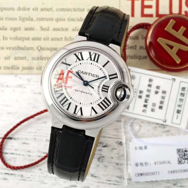 BALLON BLEU DE CARTIER 33 MM WATCH SILVER CASE WITH BLACK SMOOTH LEATHER STRAP