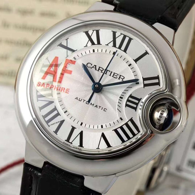 BALLON BLEU DE CARTIER 33 MM WATCH SILVER CASE WITH BLACK SMOOTH LEATHER STRAP