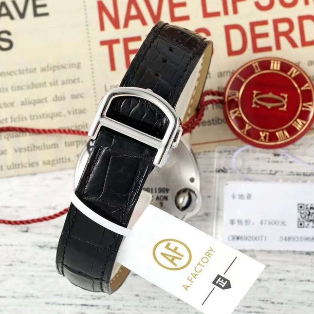 BALLON BLEU DE CARTIER 33 MM WATCH SILVER CASE WITH BLACK SMOOTH LEATHER STRAP