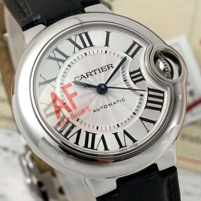 BALLON BLEU DE CARTIER 33 MM WATCH SILVER CASE WITH BLACK SMOOTH LEATHER STRAP
