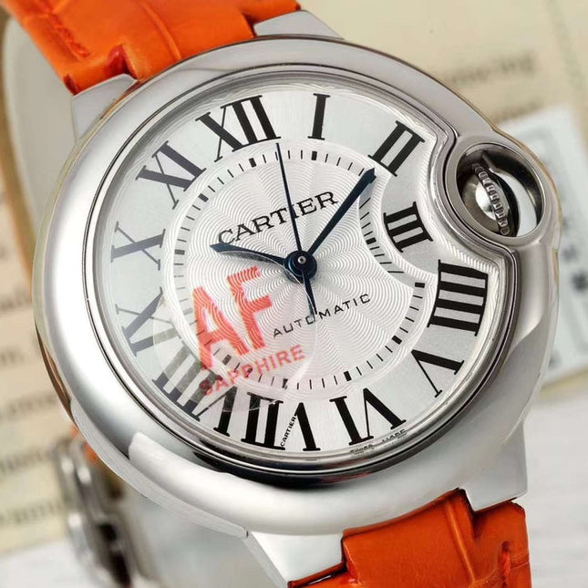 BALLON BLEU DE CARTIER 33 MM WATCH SILVER CASE WITH VIVID ORANGE LEATHER STRAP