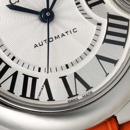 BALLON BLEU DE CARTIER 33 MM WATCH SILVER CASE WITH VIVID ORANGE LEATHER STRAP