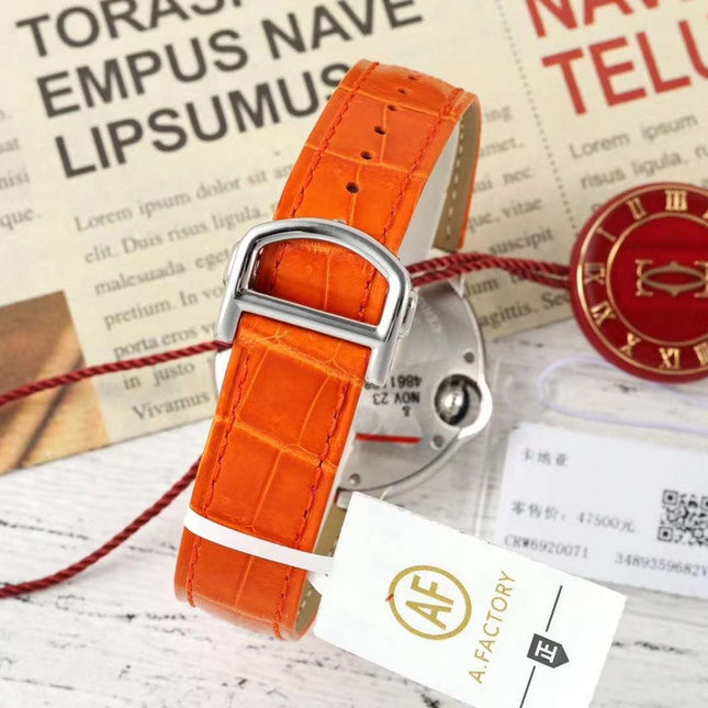 BALLON BLEU DE CARTIER 33 MM WATCH SILVER CASE WITH VIVID ORANGE LEATHER STRAP