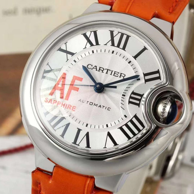 BALLON BLEU DE CARTIER 33 MM WATCH SILVER CASE WITH VIVID ORANGE LEATHER STRAP