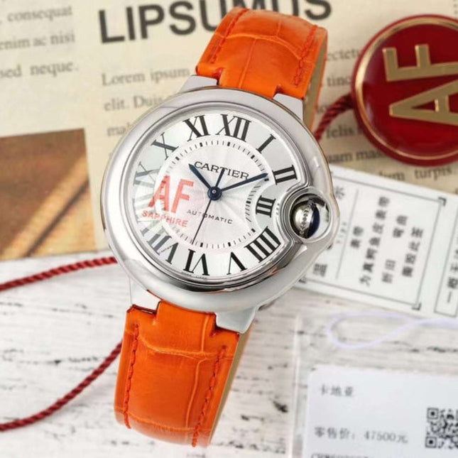 BALLON BLEU DE CARTIER 33 MM WATCH SILVER CASE WITH VIVID ORANGE LEATHER STRAP