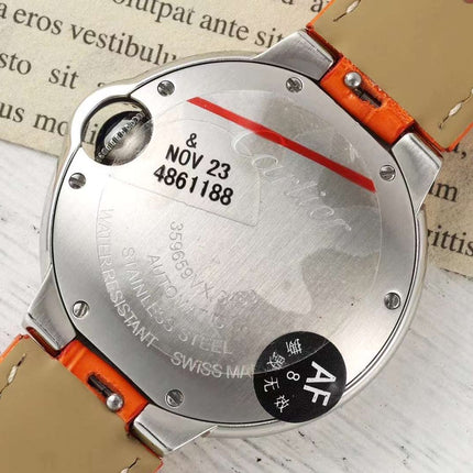 BALLON BLEU DE CARTIER 33 MM WATCH SILVER CASE WITH VIVID ORANGE LEATHER STRAP