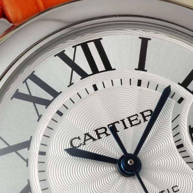 BALLON BLEU DE CARTIER 33 MM WATCH SILVER CASE WITH VIVID ORANGE LEATHER STRAP