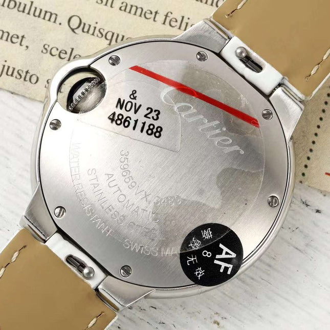 BALLON BLEU DE CARTIER 33 MM WATCH SILVER CASE WITH WHITE LEATHER STRAP